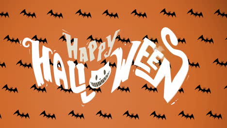 animation of happy halloween text over black bats on orange background