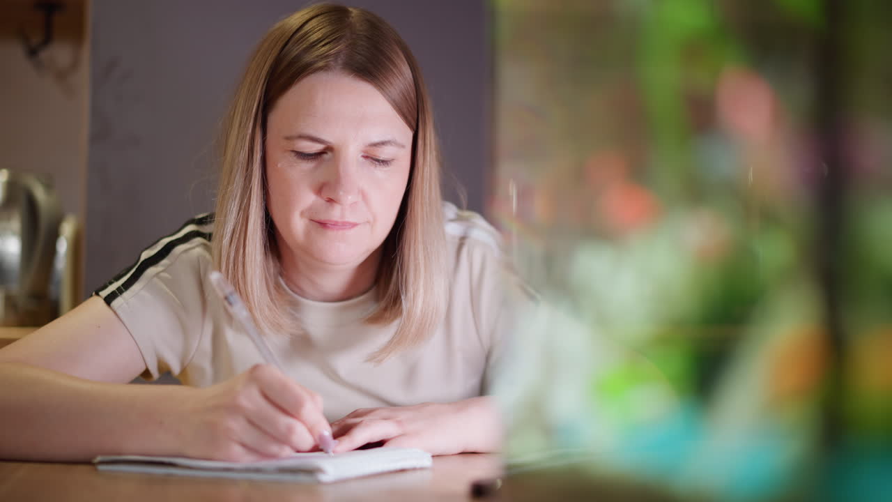 Una mujer sentada a la mesa, bolígrafo en mano, absorta en sus pensamientos, concentrada en el proceso creativo, iluminada por una pequeña lámpara de escritorio con un tarro decorativo al lado, practicando la atención plena y escribiendo ideas en un ambiente interior tranquilo.