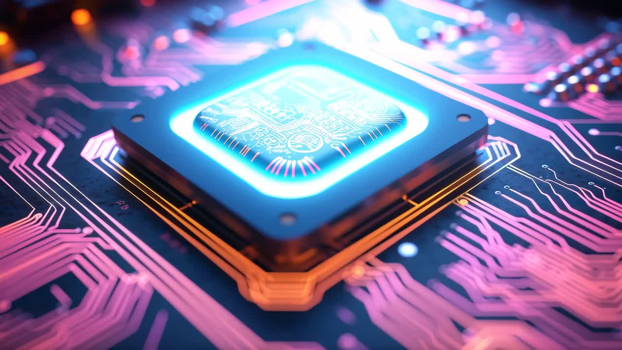 Close-up, angled view of a glowing microchip on a circuit board, highlighting futuristic technology
