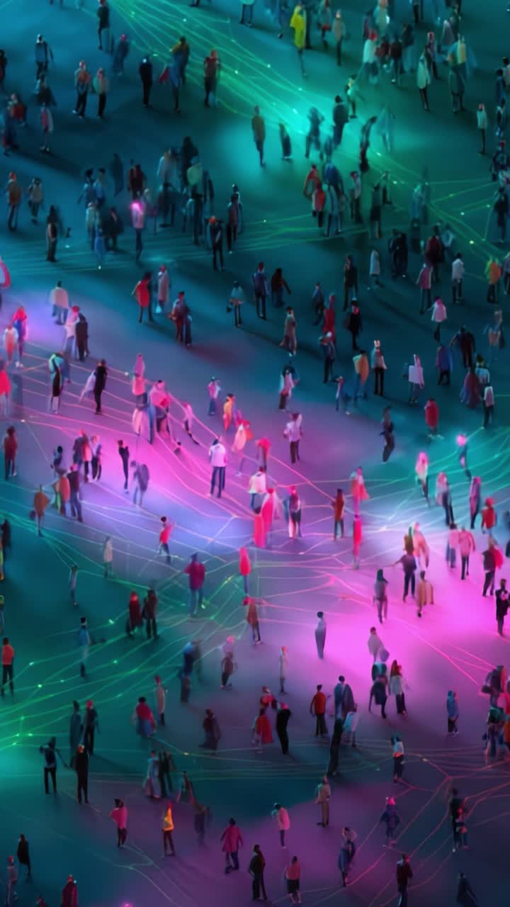 Um Encontro Vibrante de Indivíduos Diversos Iluminado por Luzes Coloridas, Representando Unidade e Conexão em uma Atmosfera Dinâmica e Animada
