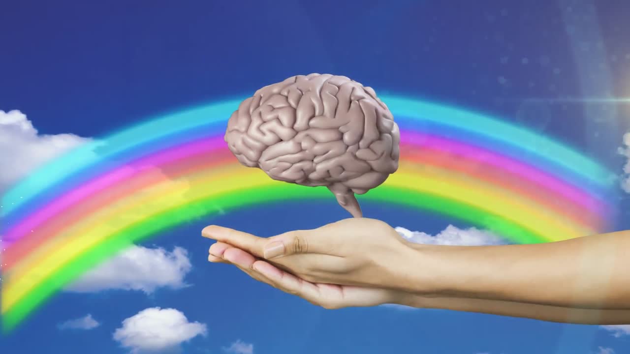 icono del cerebro humano girando sobre las manos cubiertas contra el arco iris y las nubes en el cielo azul