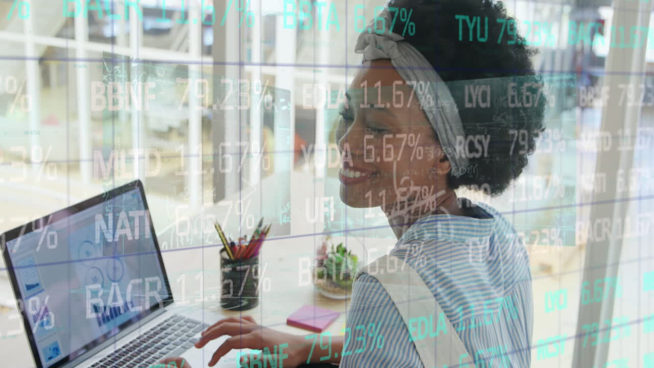 Animation of trading board over biracial woman analyzing infographic interface on laptop