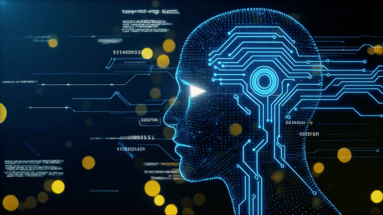 Digital Human Head Silhouette with Circuit Board Patterns and Data Streams