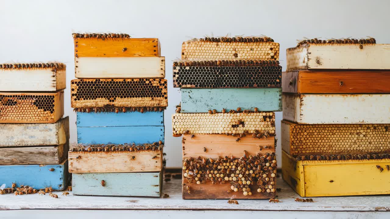 Stacked Beehives with Honeycomb and Bees