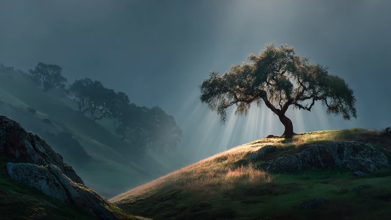 A Majestic Tree Standing Tall Beneath Ethereal Sunlight in a Serene Landscape, Emphasizing Nature's Beauty and Tranquility in a Mystical Atmosphere