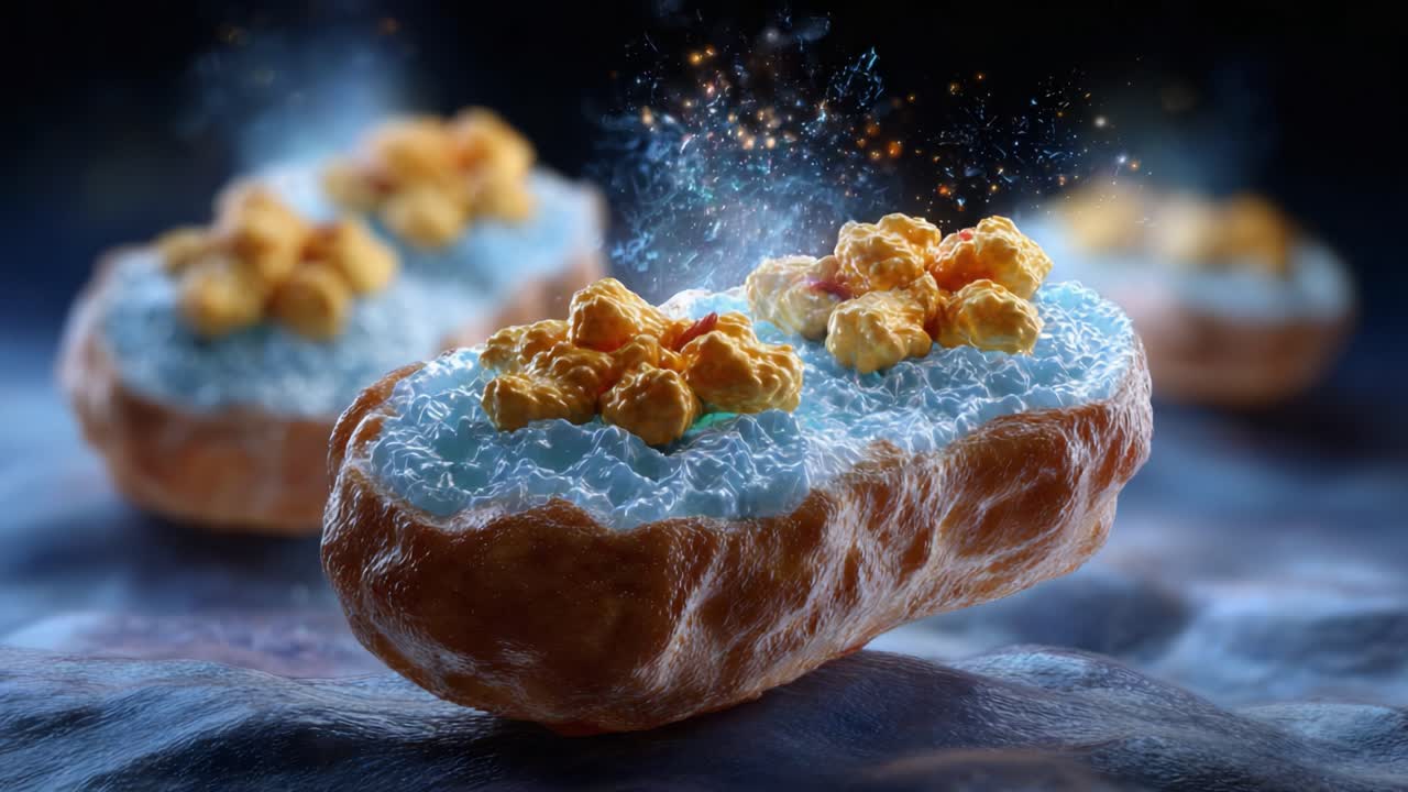 A Close-Up View of a Unique Sweet Treat: An Intricately Designed Pastry Topped with Golden Puffs and Creamy Blue Frosting, Creating a Magical Aesthetic Experience
