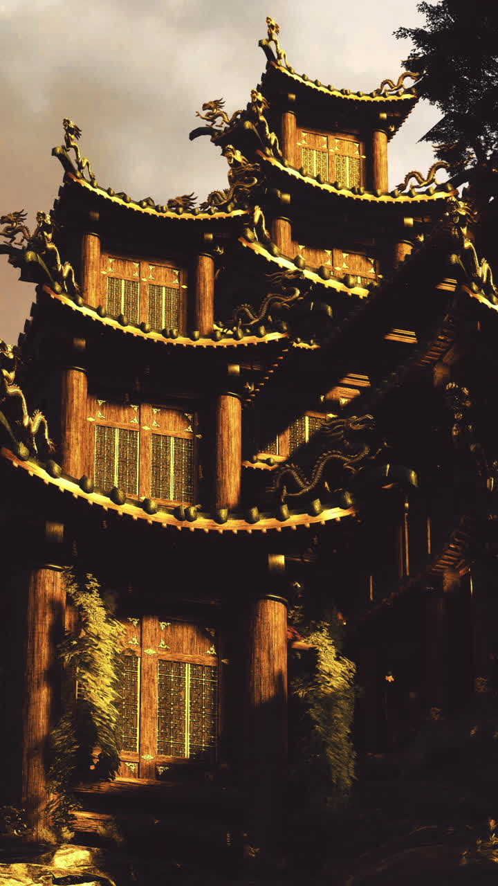 Historic chinese architecture nestled in mountainous landscape at sunset