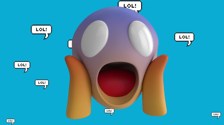 Animazione di icona emoji scioccata con testo 'lol' su sfondo blu