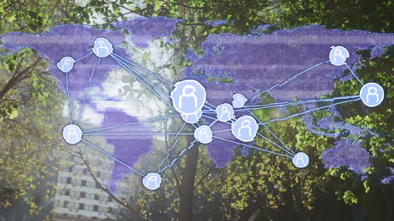 Solblænding aktiverer lilla kort-overlay, avatar-knudepunkter dannes og forbindes, viser globale forbindelser