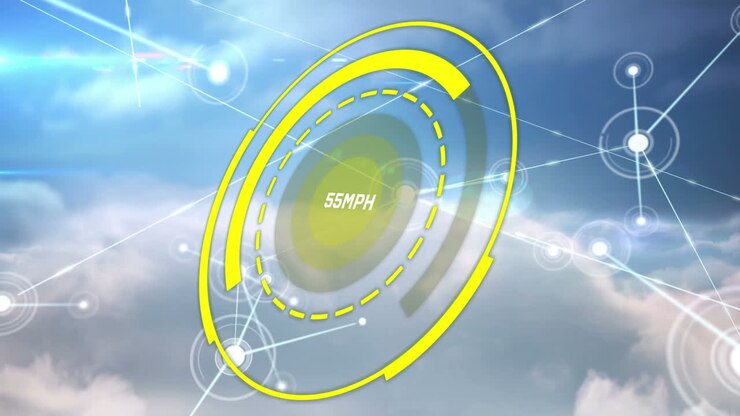 Tachimetro in aumento su rete di connessioni e nuvole nel cielo blu.