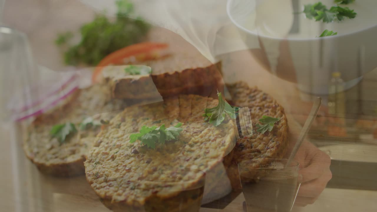 Home cook pressing patty garnish chopping herbs and pouring creamy sauce into clear cup for plating