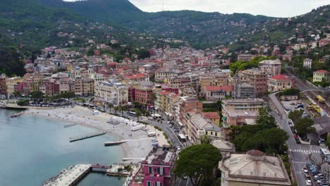 Touristic-Beach-at-Coastal-Town-of-Santa-Margherita-Ligure-in-Italy,-Aerial