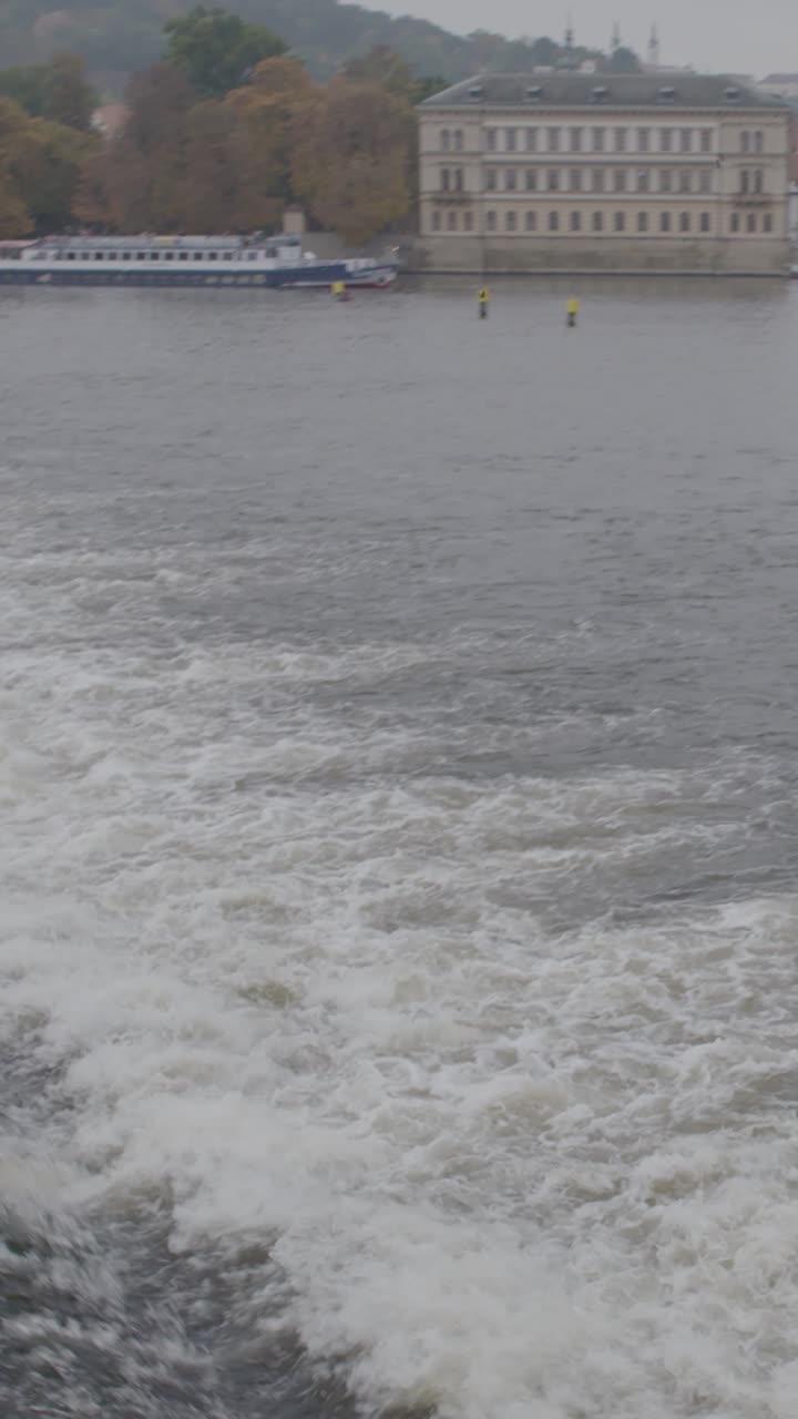 Prague river view with moving water, creating a calm and serene atmosphere