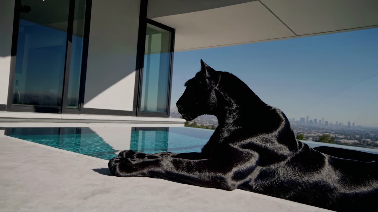 Black Panther Relaxing by a Luxury Pool with City View
