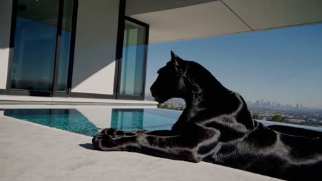 black panther relaxing by a luxury pool with city view
