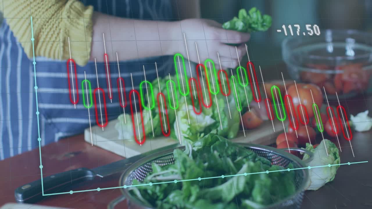 animación del procesamiento de datos financieros sobre una mujer caucásica cocinando en la cocina