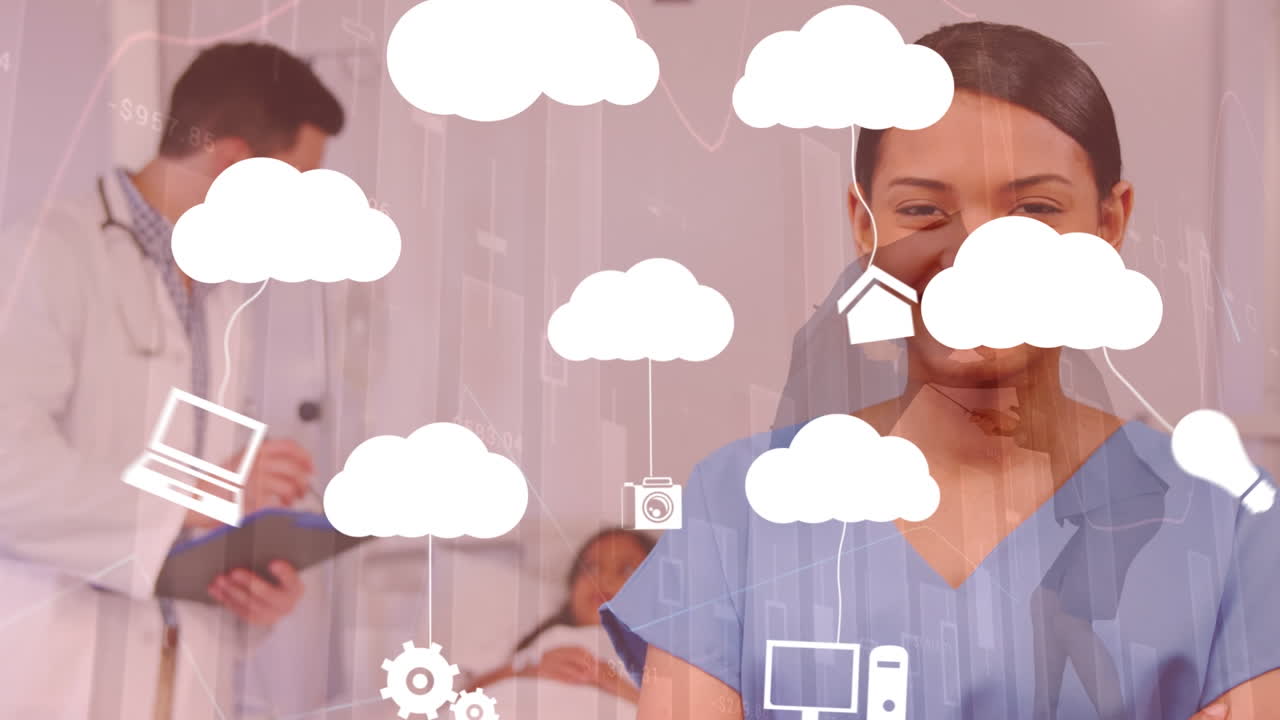 행복한 두 인종 여성 의사 위에 기술 장치로 구름의 애니메이션