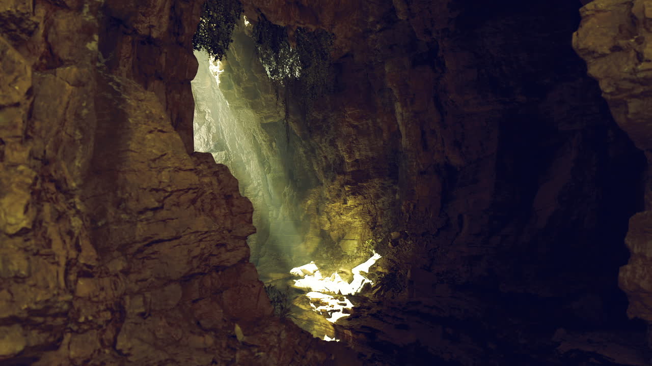 La luce del sole filtra in una grotta rocciosa, creando una tranquilla scena muschiosa.
