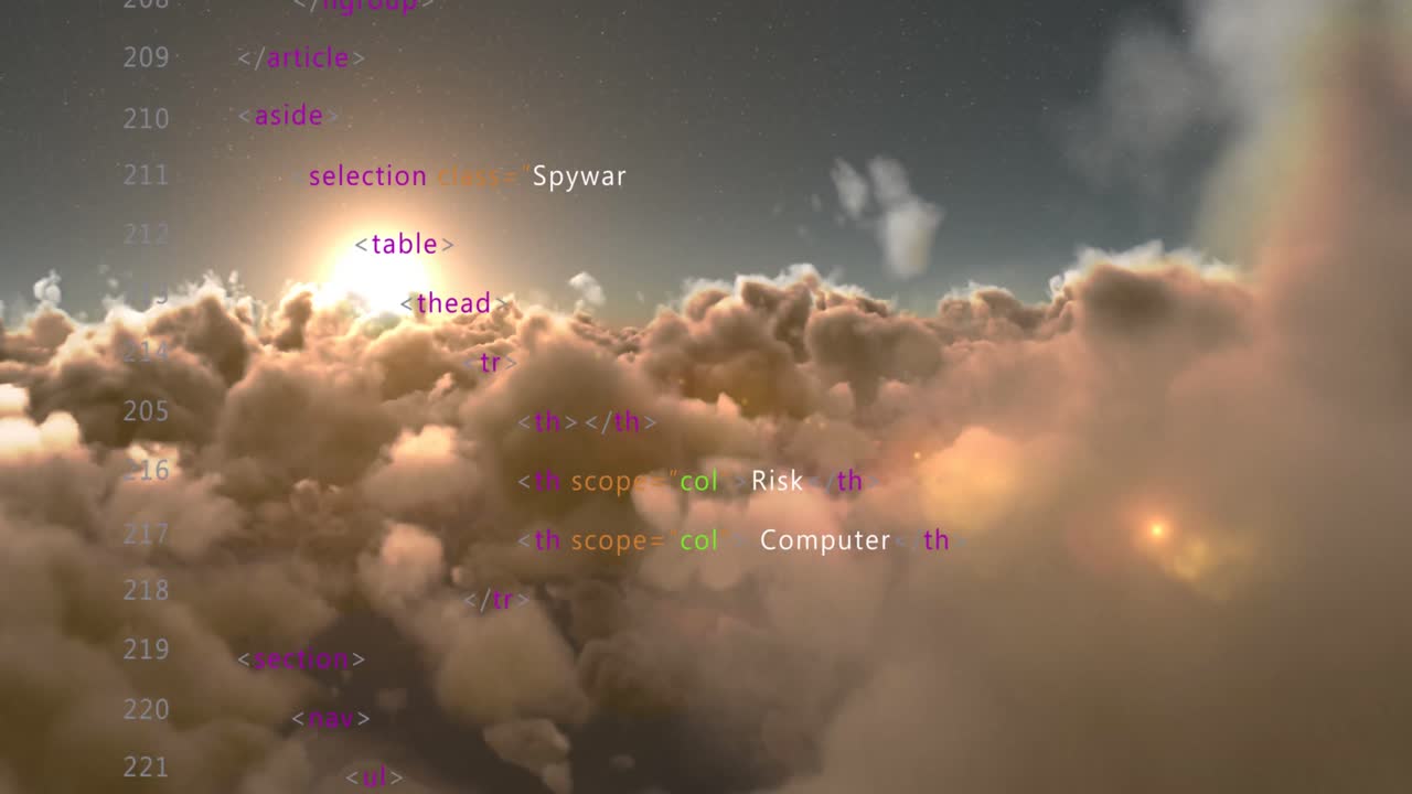 Animation af databehandling over himmel med skyer