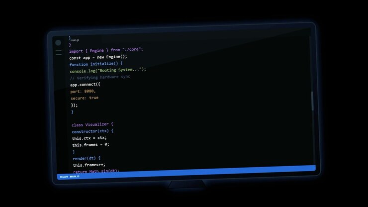 Computer Monitor Displaying Scrolling JavaScript Code