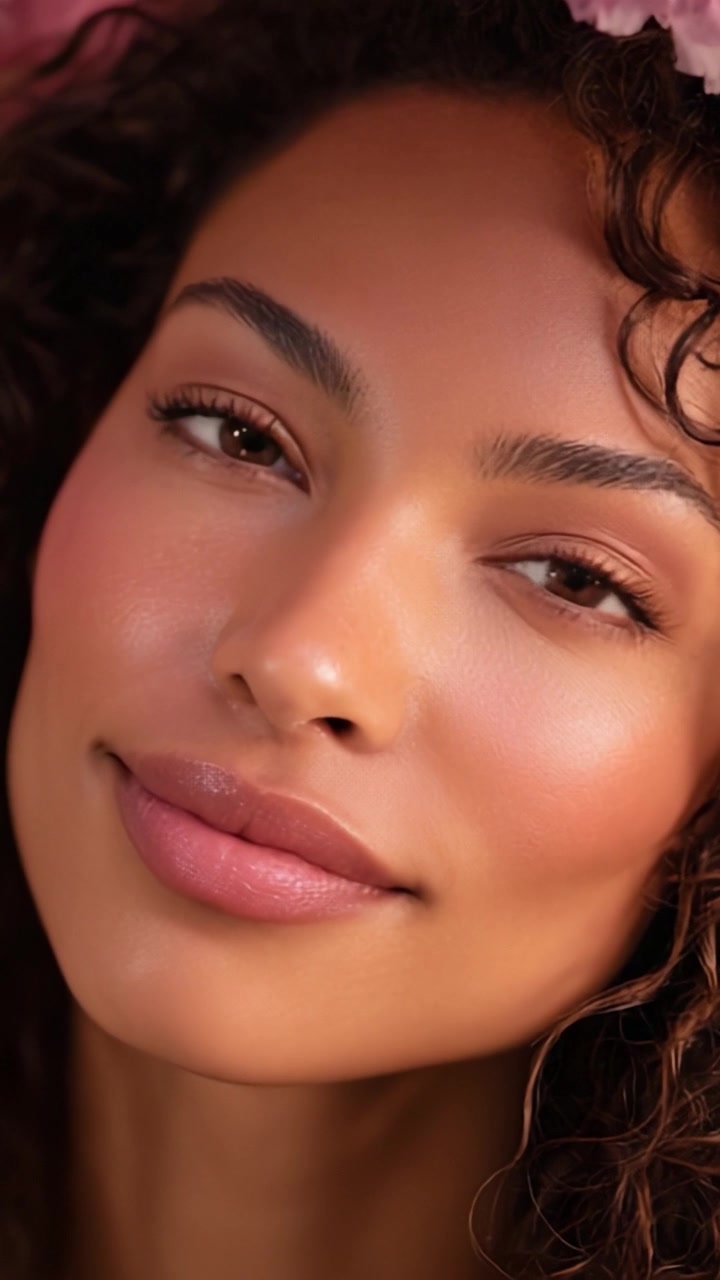 Radiant Beauty: A Close-Up of a Smiling Woman's Face Surrounded by Soft Pink Flowers Capturing the Essence of Natural Elegance and Glow