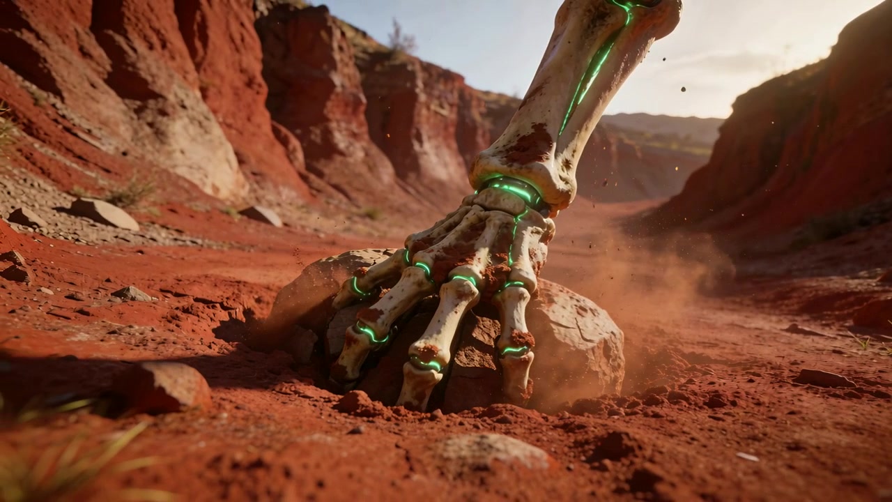 Descending skeletal robotic hand pressing cracked stone in red canyon, green conduits lifting dust