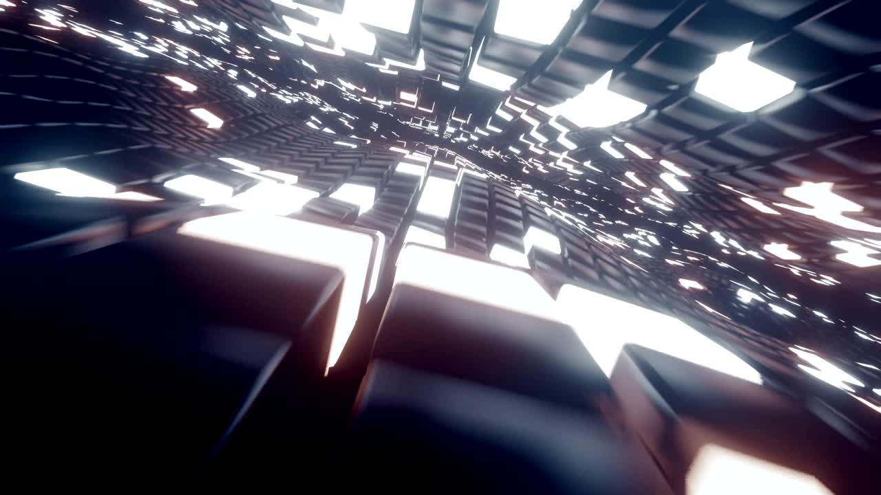 Abstract Infinite Loop animation 3D space background with a perspective of metal cubes and bright elements of light.