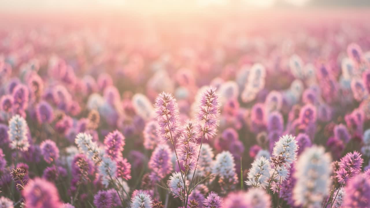 A Tranquil Blooming Field of Colorful Flowers at Sunrise, Highlighting the Serene Beauty of Nature in Soft Pastel Tones and Hues that Evoke a Sense of Peace and Calmness