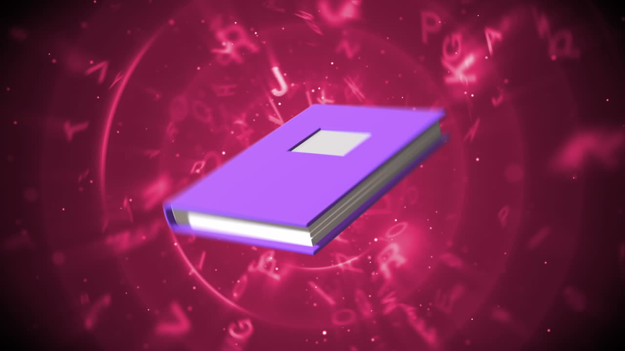 animación de libros en movimiento y letras con círculos sobre fondo negro