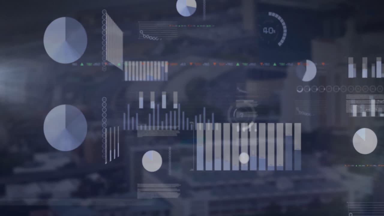 Animation of multiple graphs, loading circles and trading board over modern city in background