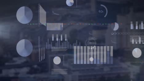 Animation-of-multiple-graphs,-loading-circles-and-trading-board-over-modern-city-in-background