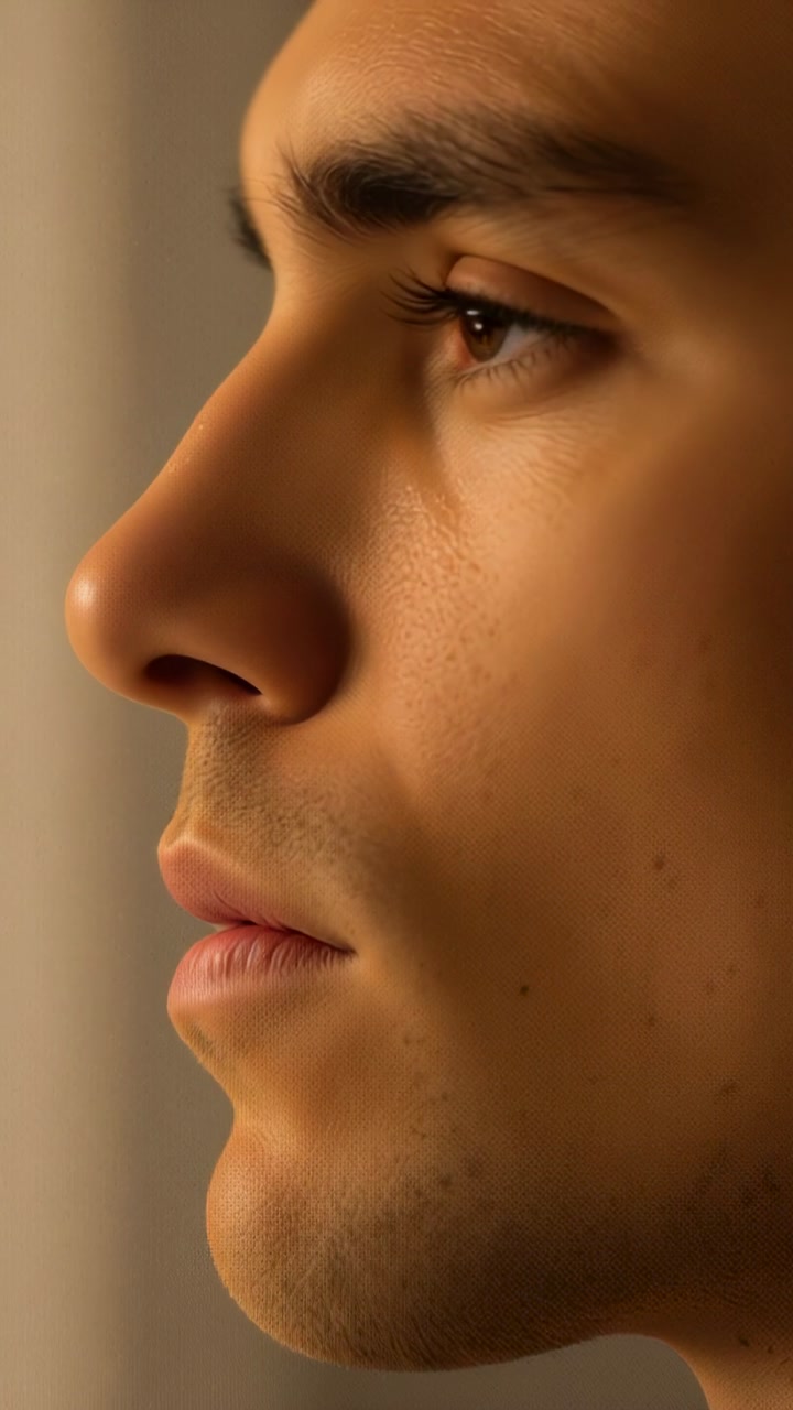Vertical video: Opening man revealing right eye as shot rolling in room to focus ahead, soft light