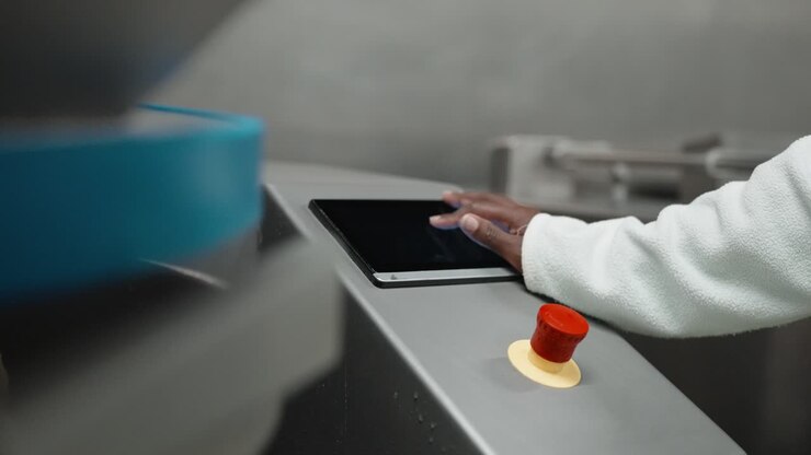 Primo piano di una mano che utilizza un pannello touchscreen su apparecchiature industriali