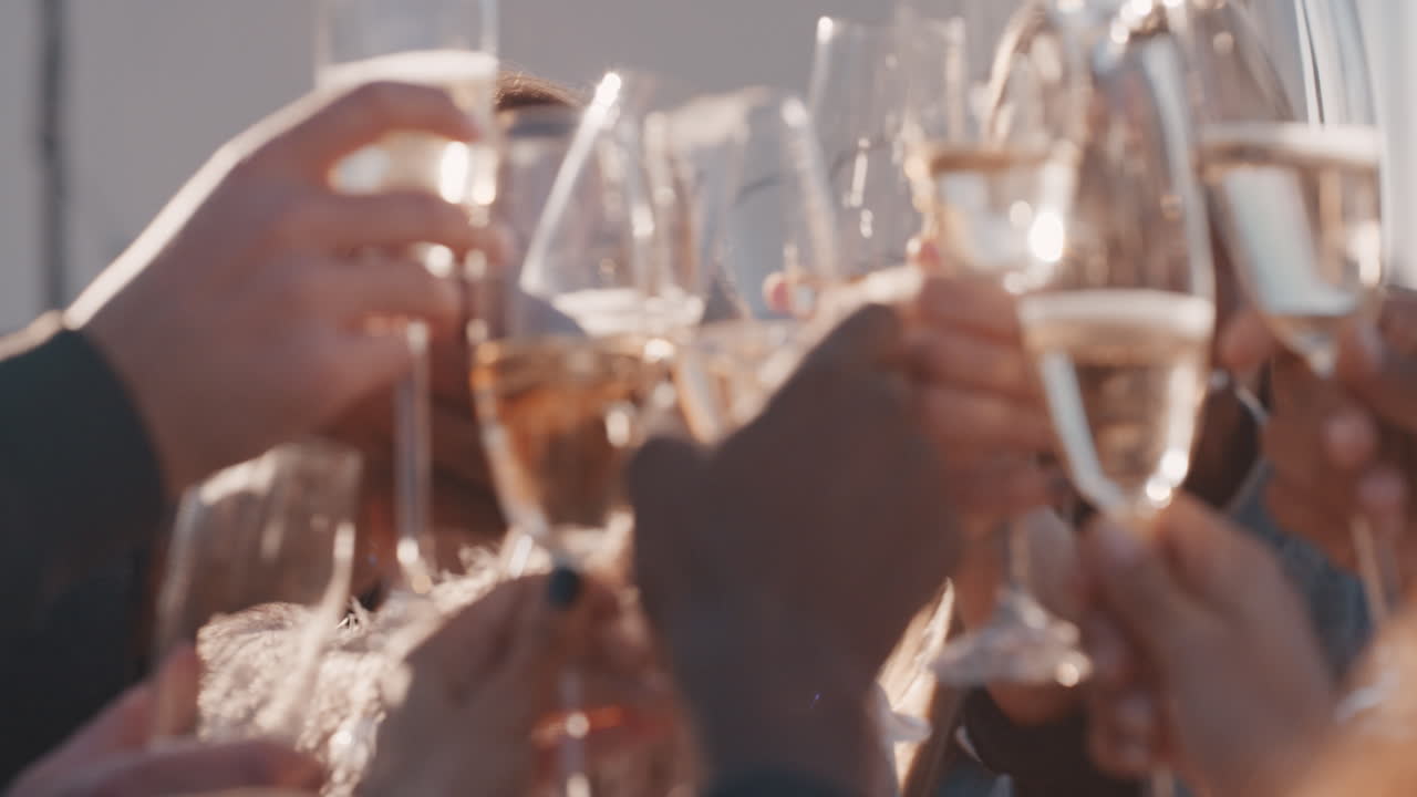 happy group of friends making toast drinking alcohol celebrating rooftop party young women taking photo together enjoying reunion celebration on weekend social gathering at sunset