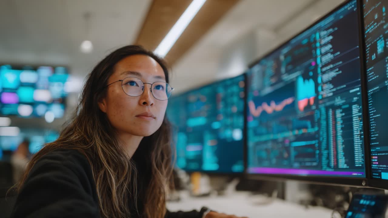 Focused Data Analyst Interacting with Multiple Monitors, Analyzing Complex Data Visualizations in a High-Tech Environment