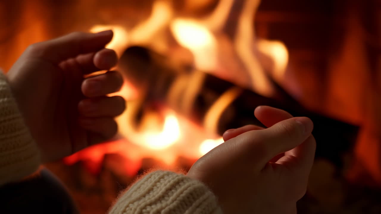 Kaukasiske hender som varmer seg ved peisen, nærbilde av genserdekkede håndflater cuppet mot ravfarget flamme og glødende