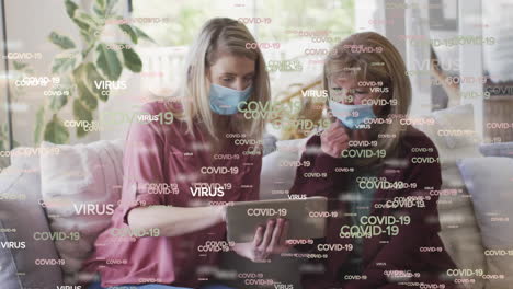 animación del texto de covid 19 sobre mujeres mayores caucásicas felices que usan máscaras faciales usando una tableta