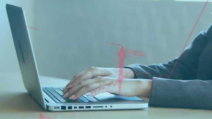 Animation of red arrows over midsection of caucasian woman working on laptop in office