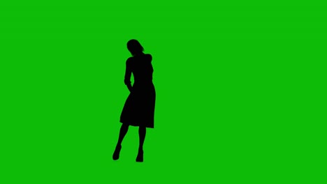 silhouette of a woman with short hair, long skirt, and high heels, dance gracefully 2 on green screen, front view. people silhouettes 3d animation.