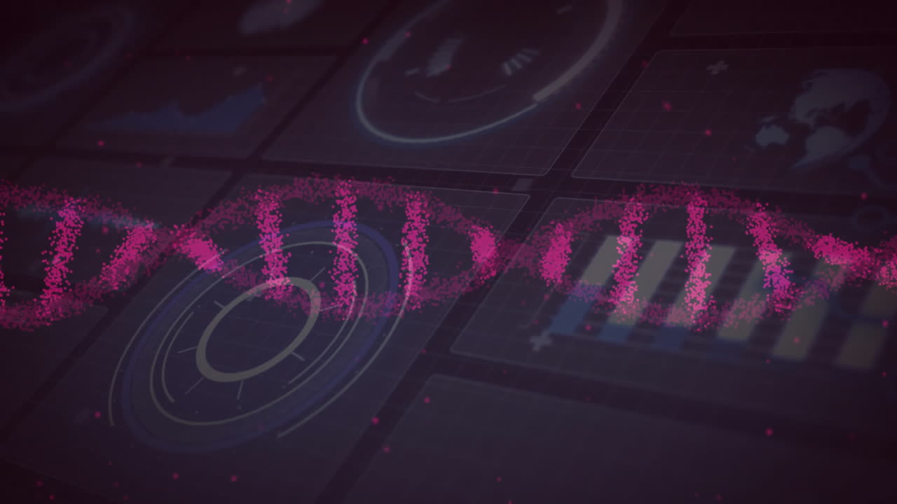 animación de cadena de adn sobre interfaz digital futurista con varias visualizaciones de datos