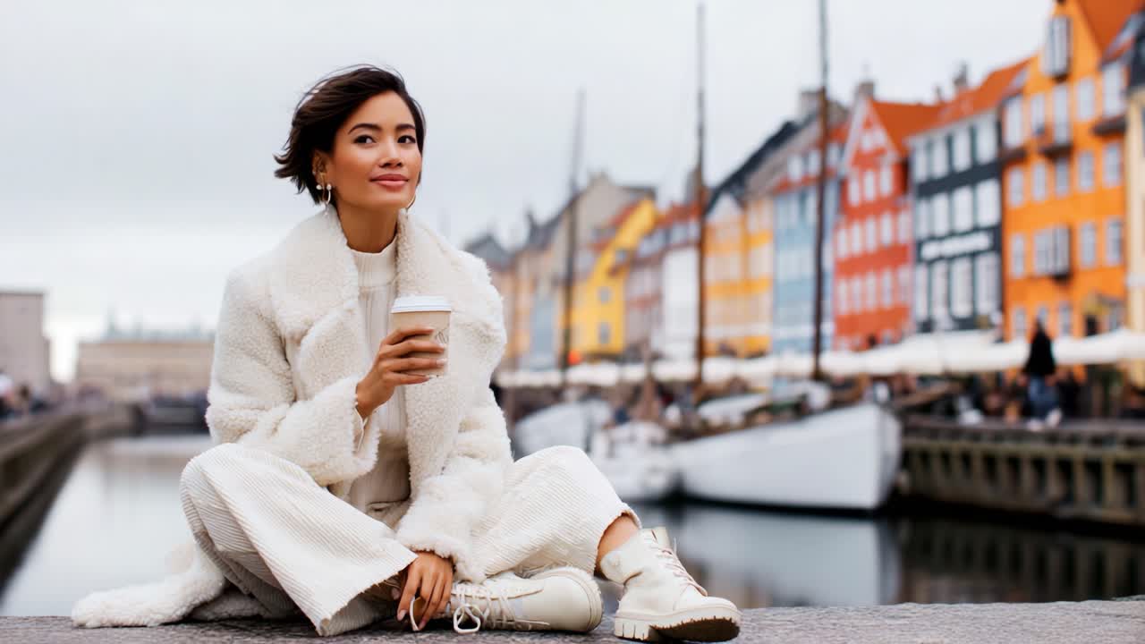 A Stylish Woman in Cozy White Attire Enjoys a Warm Beverage by a Scenic Waterfront with Colorful Buildings and Boats, Perfect for Capturing the Essence of Urban Chic and Relaxation