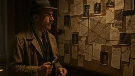detective in trench coat studies a crime board with photos and red strings