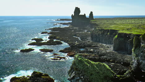 londrangar - basaltic rock formation pinnacles on snaefellsnes peninsula, iceland view from hellnar