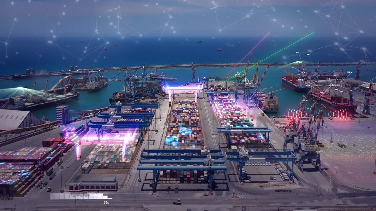 5g 네트워크와 기술 데이터 통신, 공중 통신을 갖춘 미래의 항구.