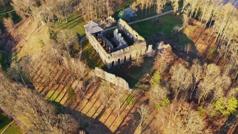 remains of stone medieval castle surrounded by forest and small town