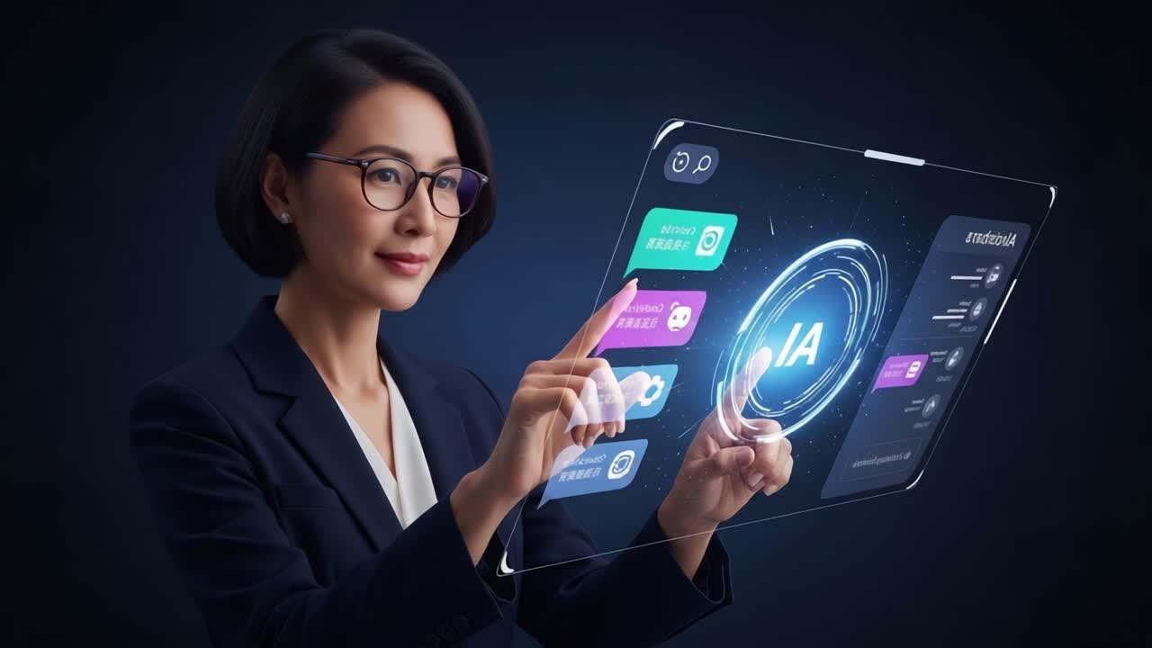 Exploring Advanced Technology: A Professional Woman Interacts with an Interactive Display Showcasing Artificial Intelligence Applications in an Elegant Environment
