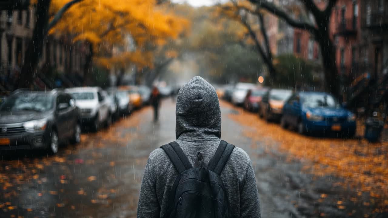 A solitary figure walks through a rain-soaked street lined with vibrant autumn foliage, capturing the essence of solitude and the beauty of nature's changing seasons
