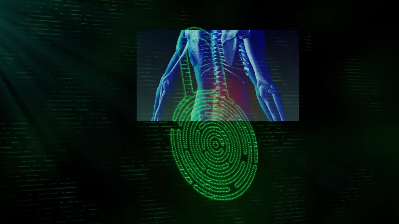 Animation of security padlock icon and human body model over green light spot on black background
