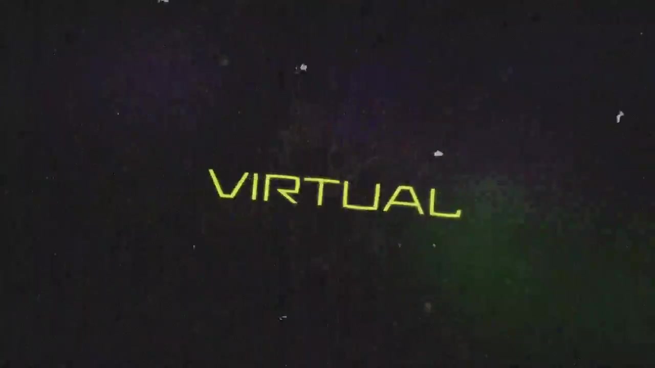 Nodi fluttuanti che formano lettere neon VIRTUAL su un vuoto scuro con quadrati, linea glitch che divide i bit