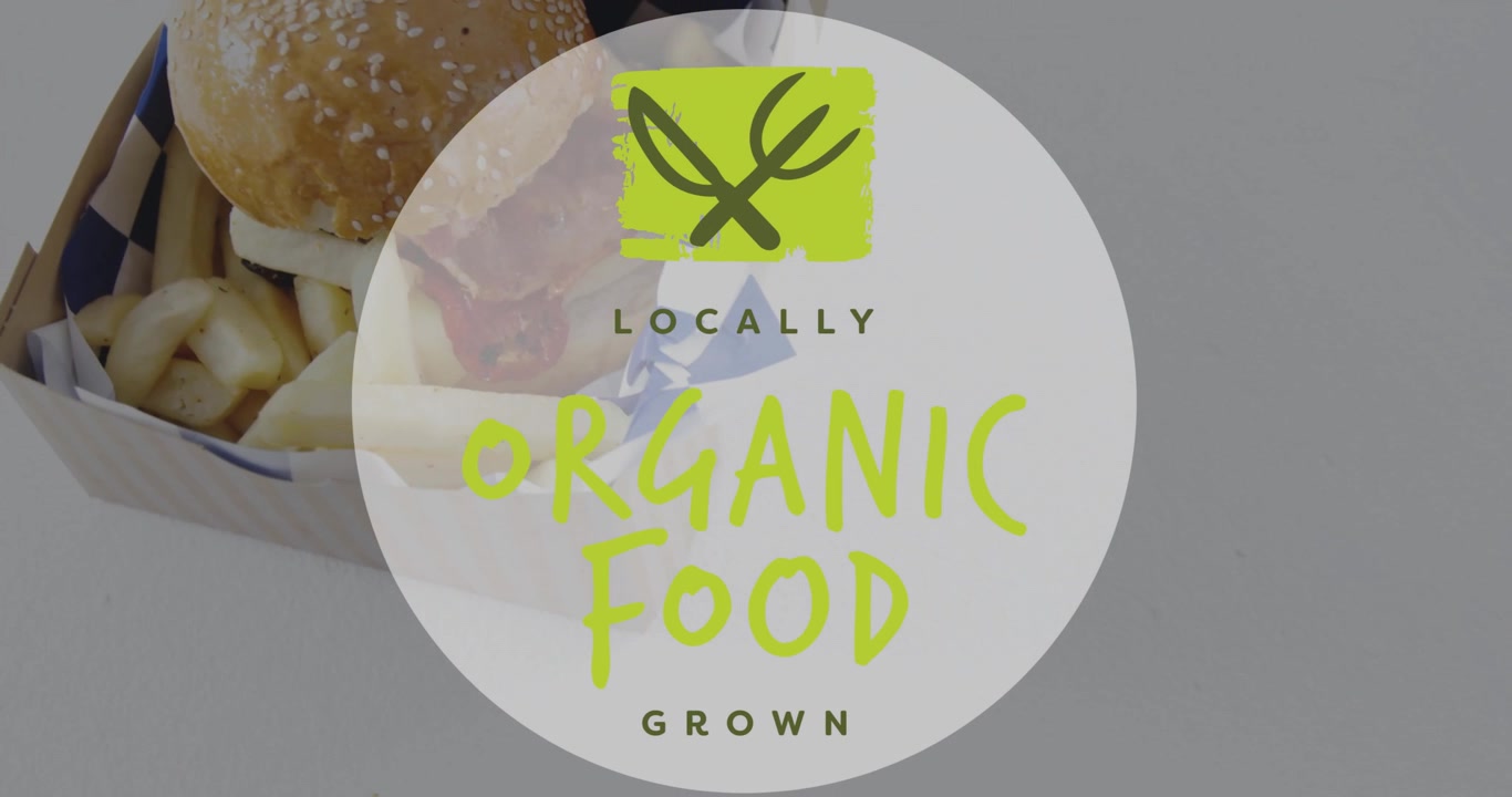 Animation de nourriture biologique cultivée localement sur un burger et des frites dans une boîte